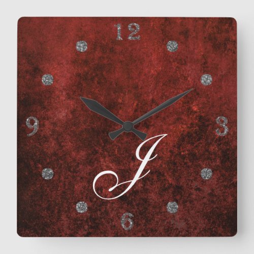 Ruby Crimson Red  Classic Dark Grunge Monogram Square Wall Clock