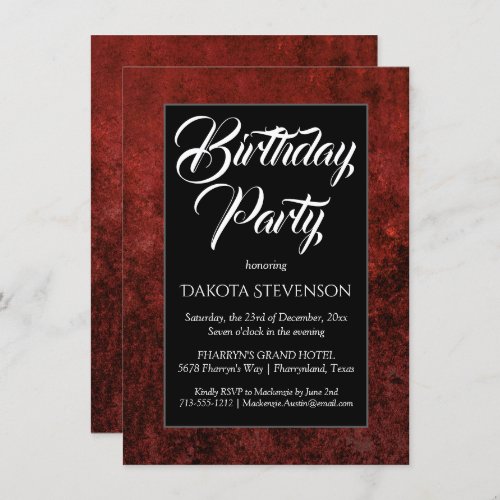 Ruby Crimson Red  Classic Grunge Birthday Party Invitation