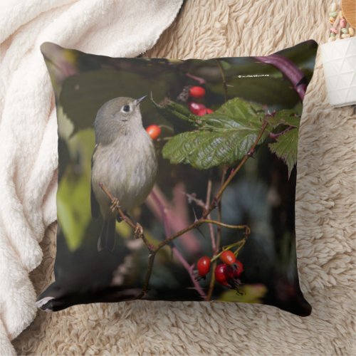 Ruby_Crowned Kinglet Songbird on Hawthorn Bush Throw Pillow