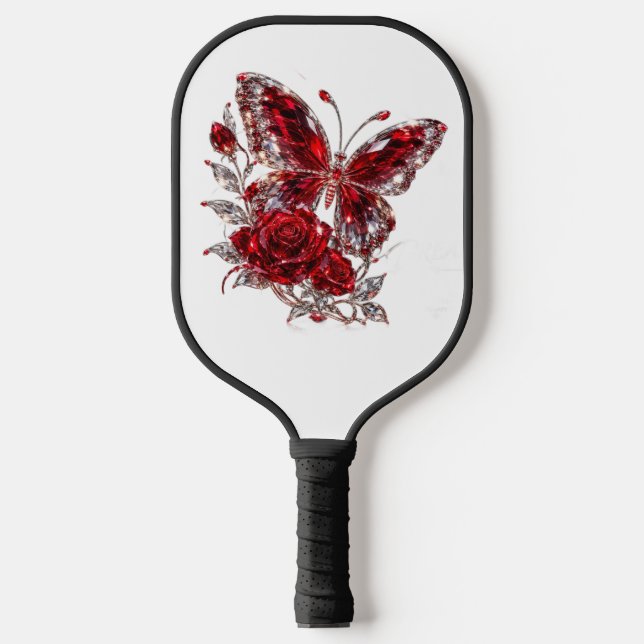 Ruby Crystal Butterfly & Rose Pickleball Paddle (Front)