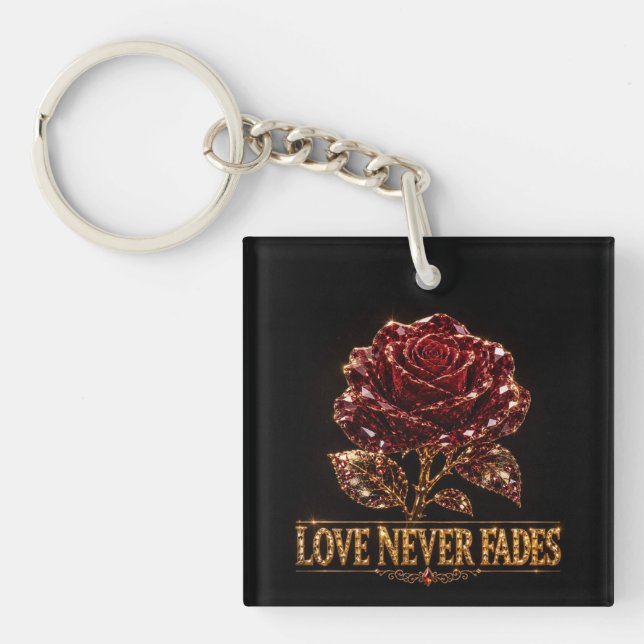 Ruby Crystal Rose – Love Never Fades Keychain (Front)