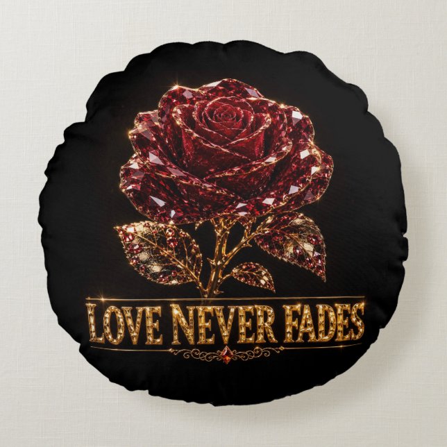 Ruby Crystal Rose – Love Never Fades Round Pillow (Front)