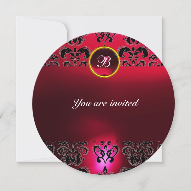 RUBY DAMASK GEM STONE MONOGRAM black red burgundy Invitation (Front)