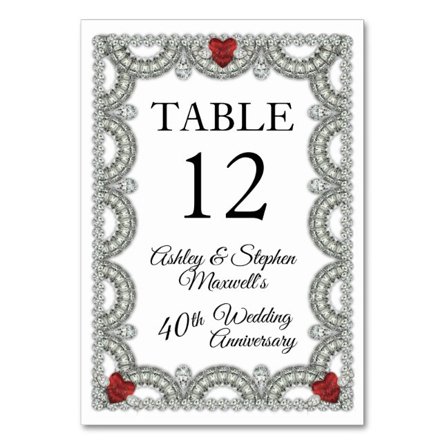Ruby | Diamond 40th Wedding Anniversary Party Table Number (Front)