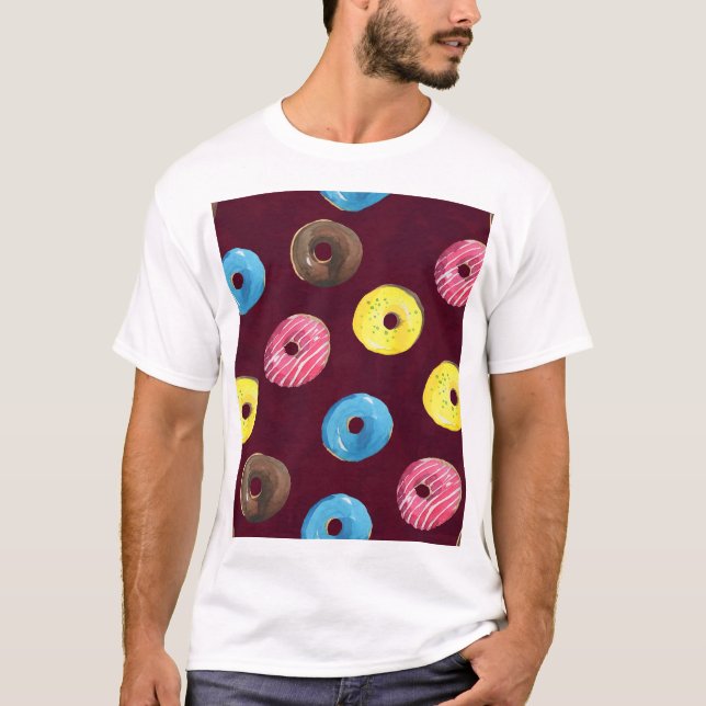 Ruby Donuts: Watercolor Seamless Pattern. T-Shirt (Front)