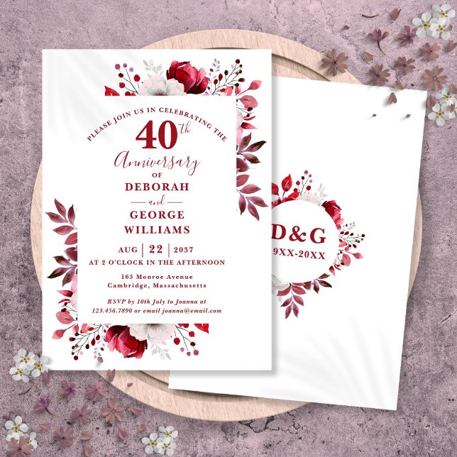 Ruby Elegant Floral 40th Wedding Anniversary  Invitation (Ruby Elegant Floral 40th Wedding Anniversary Invitation)