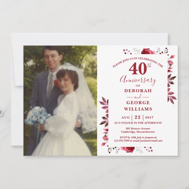 Ruby Floral 40th Wedding Anniversary Photo Invitation (Front)