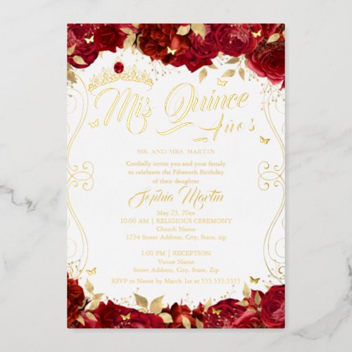 Ruby Floral Garden Scroll Mis Quince Quinceanera  Foil Invitation