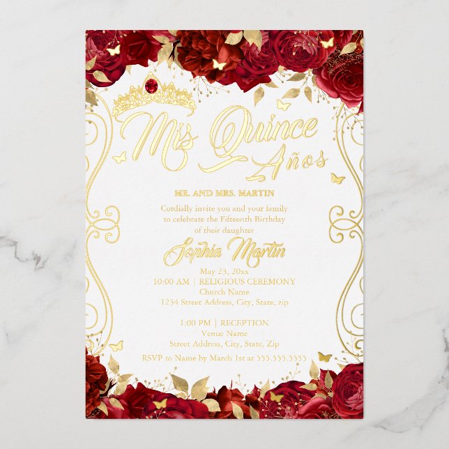 Ruby Floral Garden Scroll Mis Quince Quinceanera  Foil Invitation (Front)