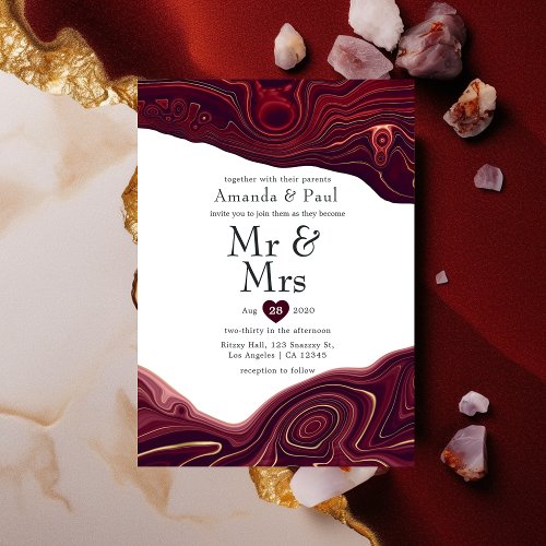 Ruby Garnet and Gold Strata Agate Mr  Mrs Wedding Invitation