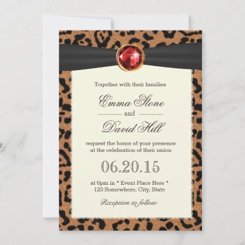 Ruby Gemstone Black Ribbon Leopard Print Wedding 5x7 Paper Invitation Card
