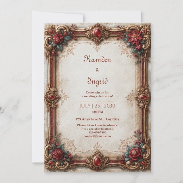 Ruby Gold Baroque Wedding Invitation (Front)