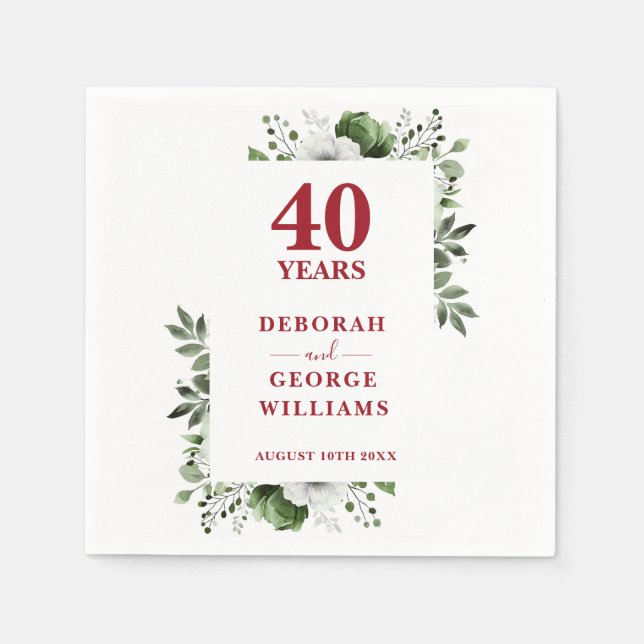 Ruby Greenery Floral 40th Wedding Anniversary  Napkins (Front)