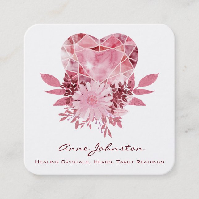 Ruby Heart and Flowers Square Business Card (Front)