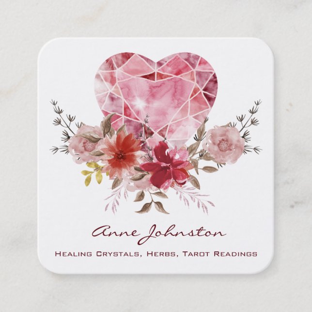 Ruby Heart and Flowers Square Business Card (Front)