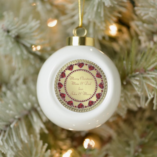 Ruby Heart Gold Christmas Ceramic Ornament (Tree)