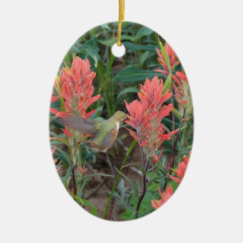 Ruby in Red Flowers Hummingbird Ceramic Ornament