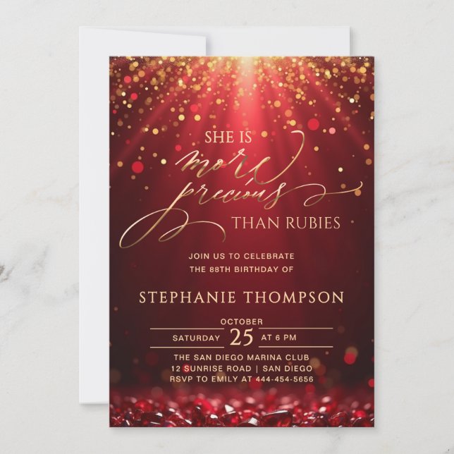 Ruby More Precious Red Gold Glitter 80th Birthday Invitation (Front)