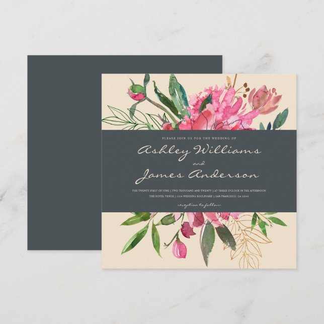 Ruby Peony Floral Wedding Invitation | Square (Front/Back)