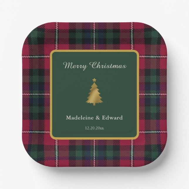 Ruby Pine Holiday Tartan Gold Tree Square  Paper Plates (Front)