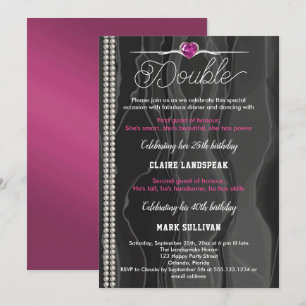 Ruby Pink Joint Birthday Black Silk Double Party  Invitation