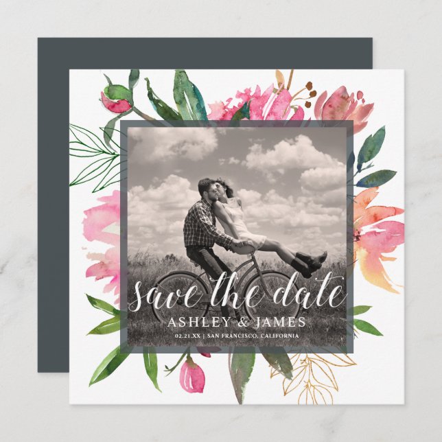 Ruby Pink Peony Botanical Photo Save the Date Invitation (Front/Back)