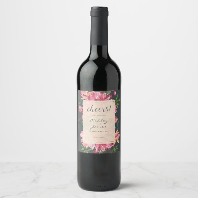 Ruby Pink Peony Floral Botanical Cheers Wedding Wine Label (Front)
