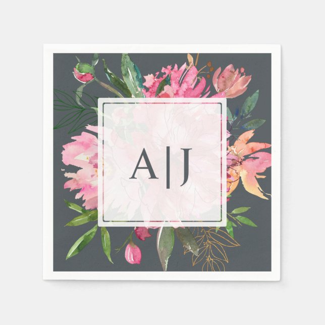 Ruby Pink Peony Floral Botanical Monogram Napkins (Front)