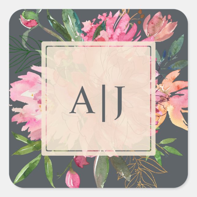Ruby Pink Peony Floral Botanical Monogram Square Sticker (Front)