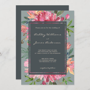 Ruby Pink Peony Floral Green Wedding Invitation