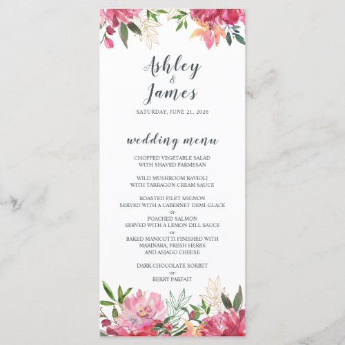 Ruby Pink Peony Floral Wedding Menu