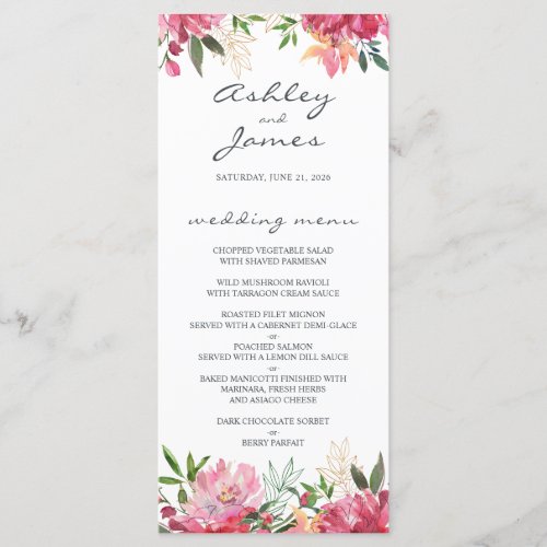 Ruby Pink Peony Floral Wedding Menu