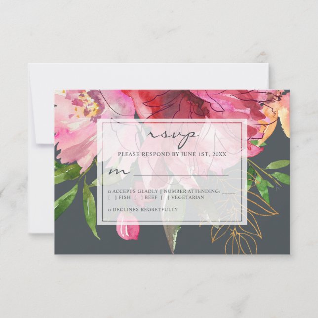 Ruby Pink Peony Floral Wedding RSVP Card (Front)