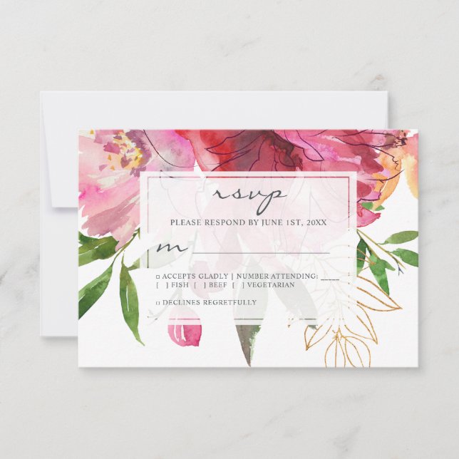 Ruby Pink Peony Floral Wedding RSVP Card (Front)