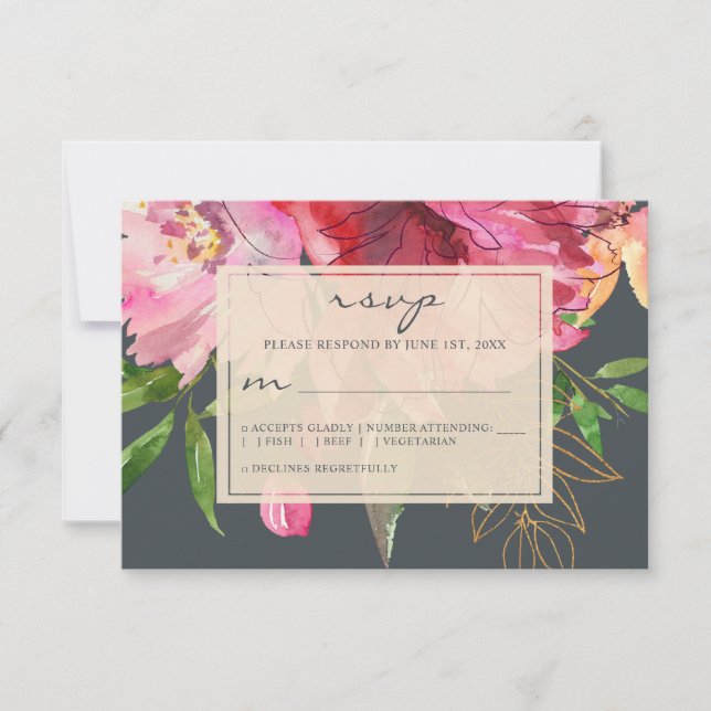 Ruby Pink Peony Ivory Floral Wedding RSVP Card (Front)