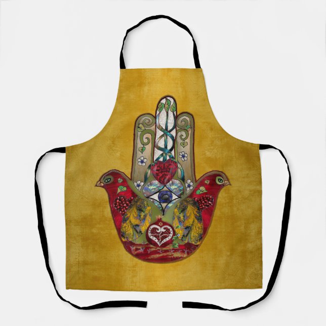 Ruby Pomegranate Heart Red Bird Hamsa Apron (Front)