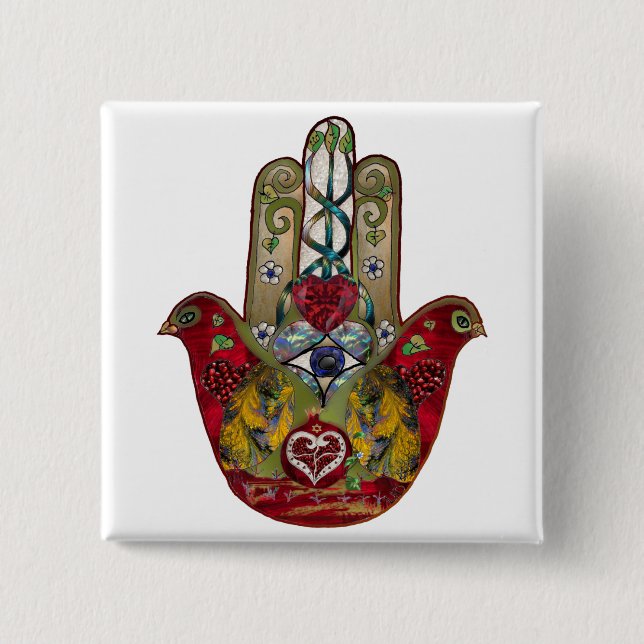 Ruby Pomegranate Heart Red Bird Hamsa Button (Front)