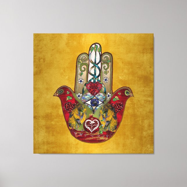 Ruby Pomegranate Heart Red Bird Hamsa Canvas Print (Front)