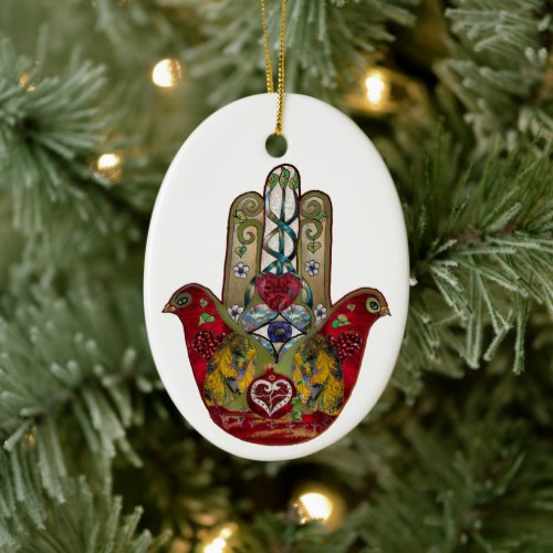 Ruby Pomegranate Heart Red Bird Hamsa Ceramic Ornament