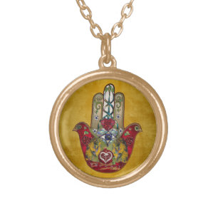 Ruby Pomegranate Heart Red Bird Hamsa Gold Plated Necklace