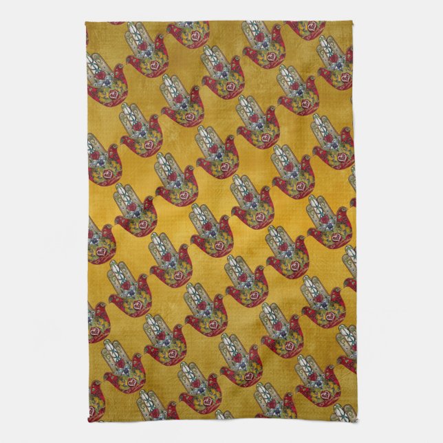 Ruby Pomegranate Heart Red Bird Hamsa Kitchen Towel (Vertical)