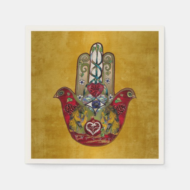 Ruby Pomegranate Heart Red Bird Hamsa Napkins (Front)