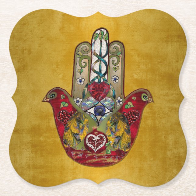 Ruby Pomegranate Heart Red Bird Hamsa Paper Coaster (Front)