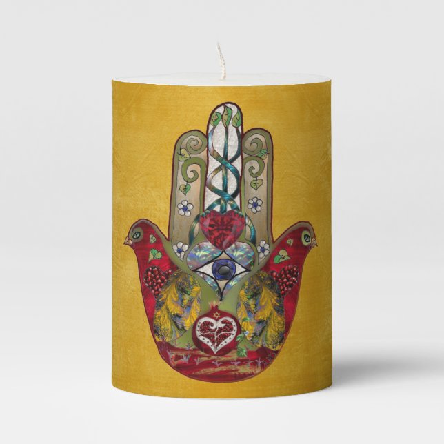 Ruby Pomegranate Heart Red Bird Hamsa Pillar Candle (Front)
