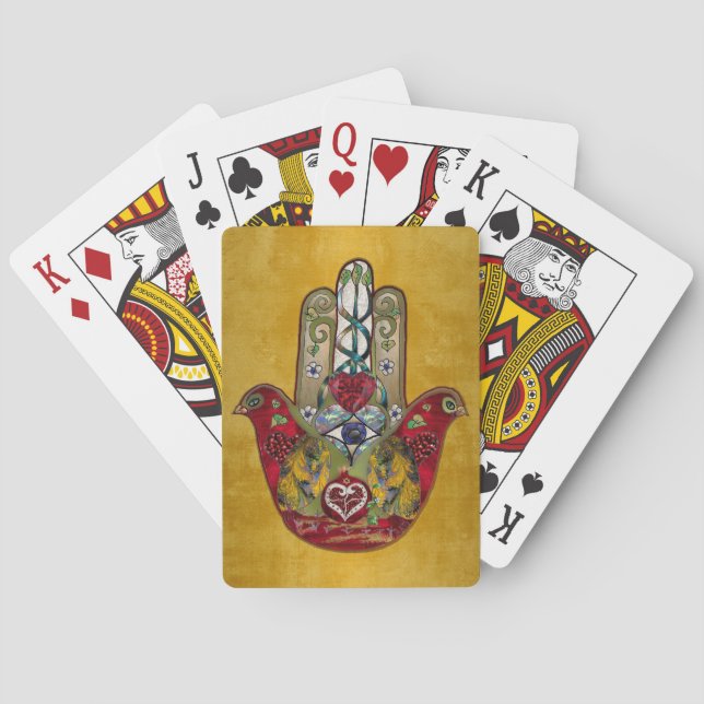 Ruby Pomegranate Heart Red Bird Hamsa Poker Cards (Back)