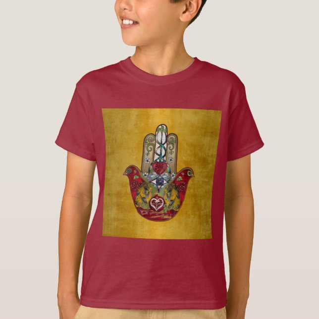 Ruby Pomegranate Heart Red Bird Hamsa T-Shirt (Front)