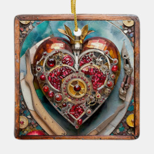 Ruby Pomegranate Heart Steampunk Series Ceramic Ornament