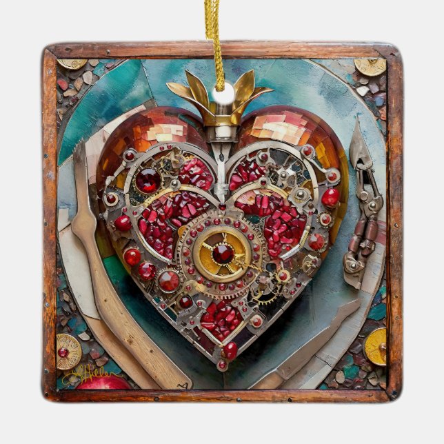 Ruby Pomegranate Heart Steampunk Series Ceramic Ornament (Front)