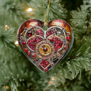 Ruby Pomegranate Heart Steampunk Series Ceramic Ornament