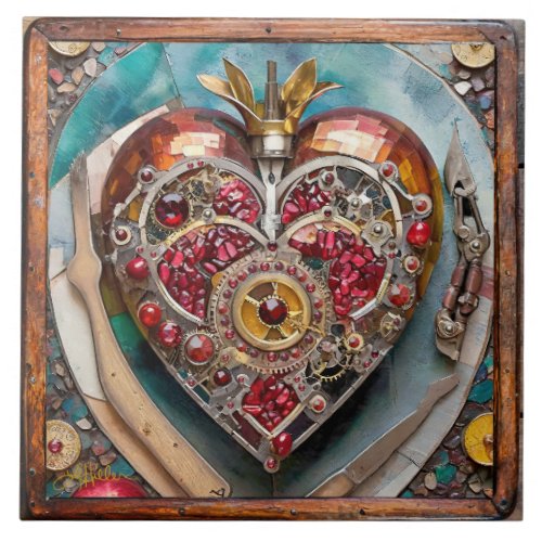 Ruby Pomegranate Heart Steampunk Series Ceramic Tile